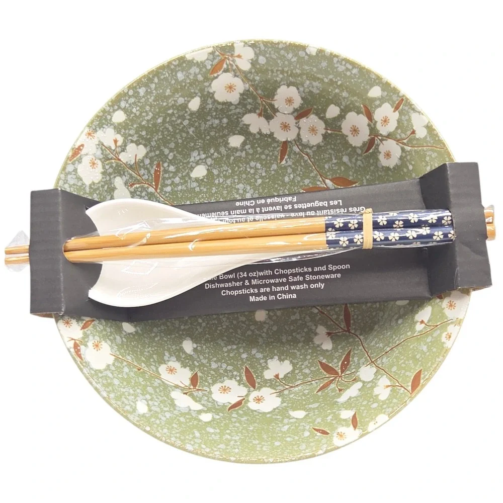 SH Home Sakura Cherry Blossom Ceramic Ramen Noodle Bowl‎ Green Chopsticks Spoon